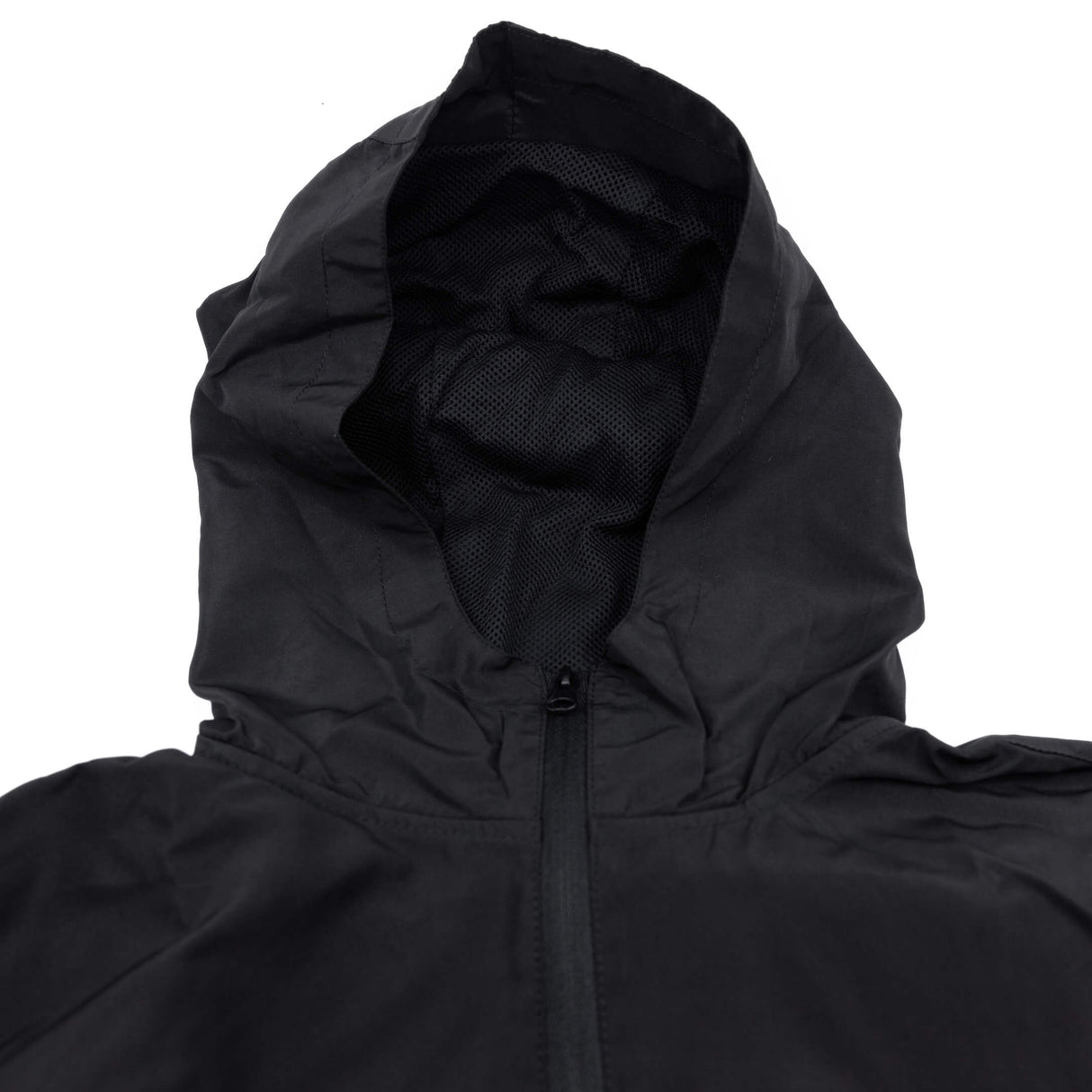 Black youth windbreaker hood interior mesh lining with front zipper visible