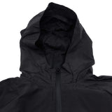 Black youth windbreaker hood interior mesh lining with front zipper visible