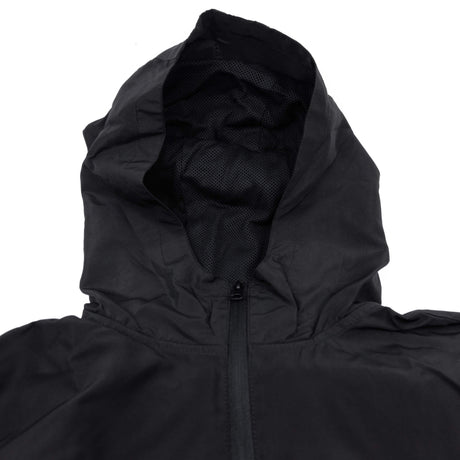 Black youth windbreaker hood interior mesh lining with front zipper visible