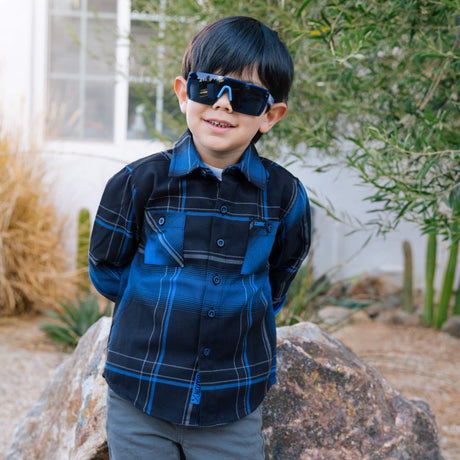 Youth flannel plaid shirt in blue and black, button-front with chest pockets