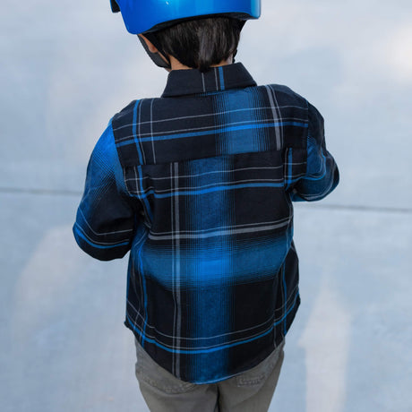 Youth flannel plaid shirt back view in blue and black with yoke and pockets