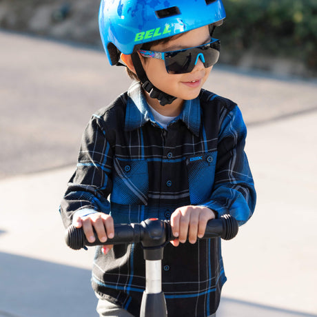 Youth flannel shirt in blue and black plaid, long sleeves, button front