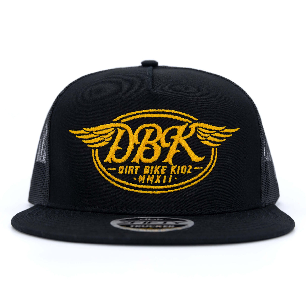 Black trucker cap with yellow DBKR wing logo centered on front, mesh side panels