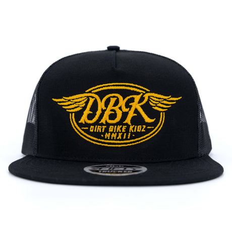 Black trucker cap with yellow DBKR wing logo centered on front, mesh side panels