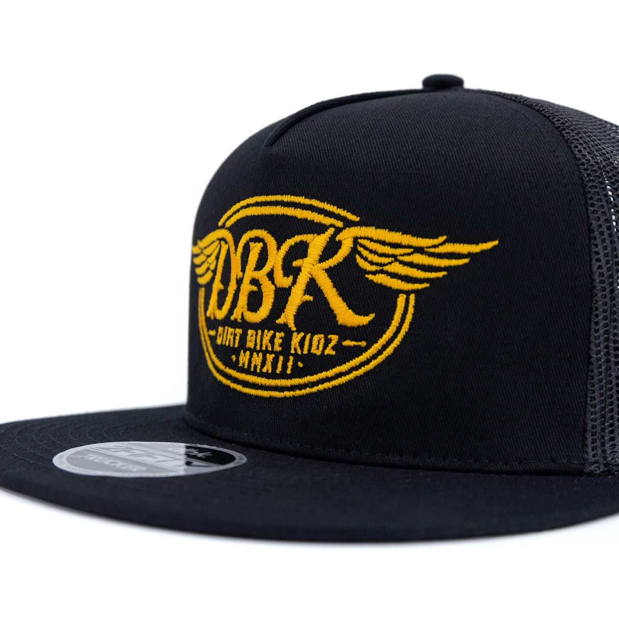 Front view of black trucker cap with yellow DBKR wing logo and text, mesh side