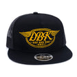 Black trucker cap with yellow DBKR wing logo on front and circular patch on brim