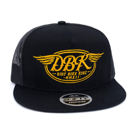 Black trucker cap with yellow DBKR wing logo on front and circular patch on brim