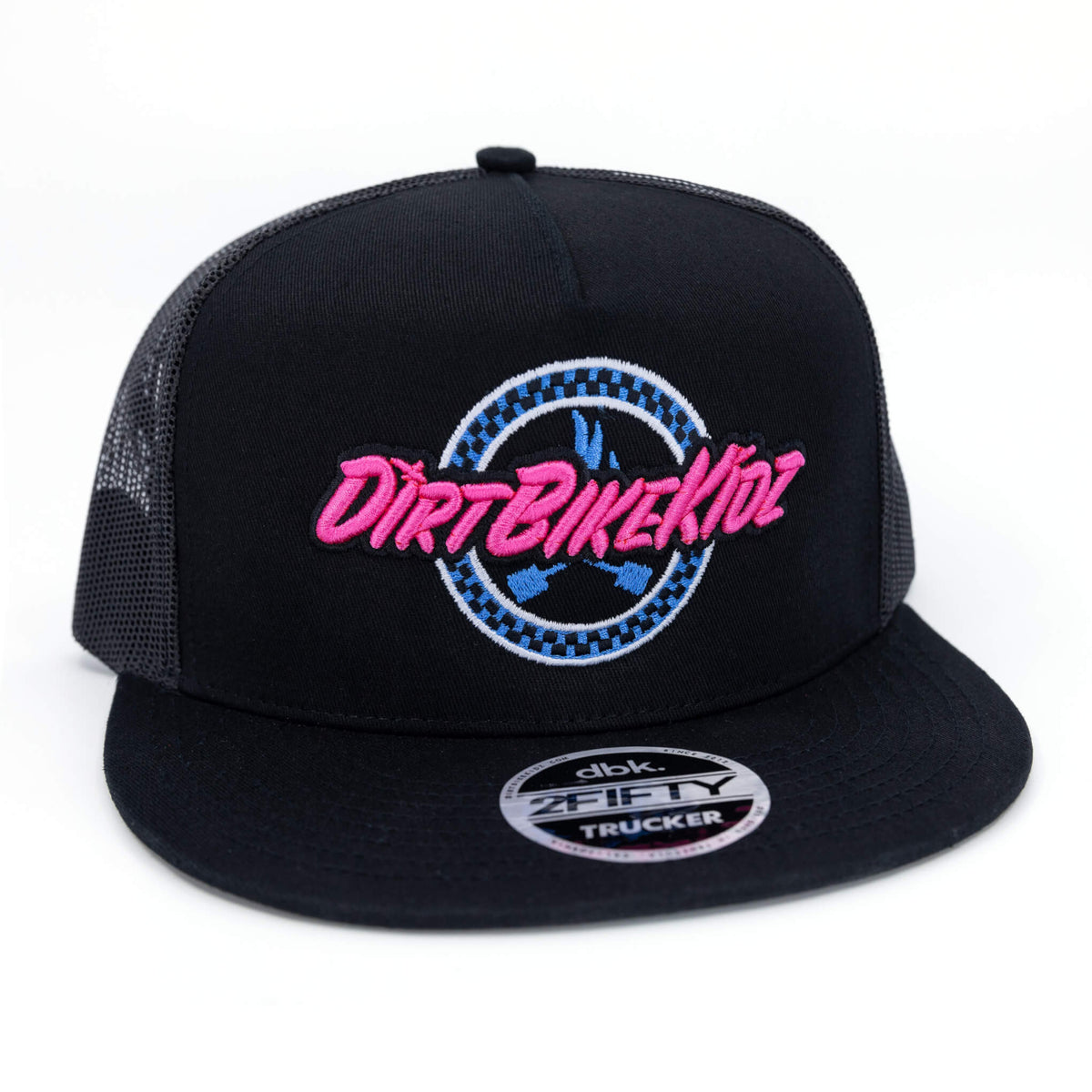 Black trucker cap front view with embroidered pink script logo and blue emblem