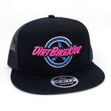 Black trucker cap front view with embroidered pink script logo and blue emblem