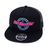 Black trucker cap front with mesh back, pink-and-blue circular logo, and white patch