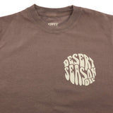 Brown womens crew-neck T-shirt with Desert Season logo printed on chest