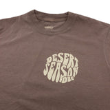 Brown womens crew-neck T-shirt with Desert Season logo printed at center chest
