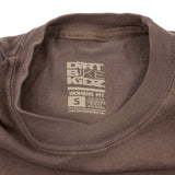 Women's brown graphic T-shirt neck label with size tag
