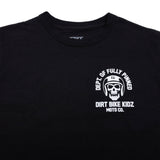 Black kids graphic tee front view with small chest helmet skull logo print.