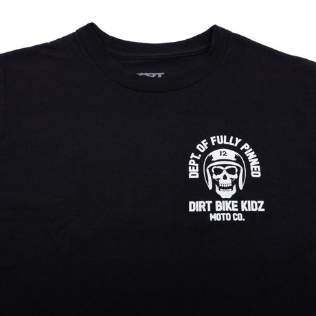 Black kids graphic tee front view with small chest helmet skull logo print.