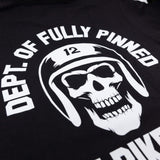 Black kids graphic tee close-up of helmet skull graphic with curved “Of Fully Pinned” text.