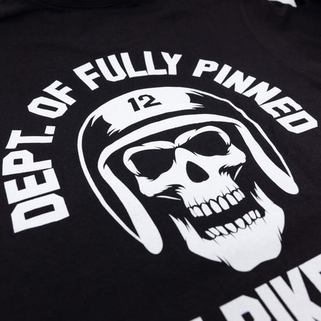 Black kids graphic tee close-up of helmet skull graphic with curved “Of Fully Pinned” text.