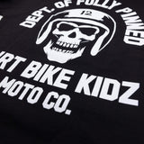 Black kids graphic tee close-up of “Dirt Bike Kidz Moto Co.” lettering and skull graphic.