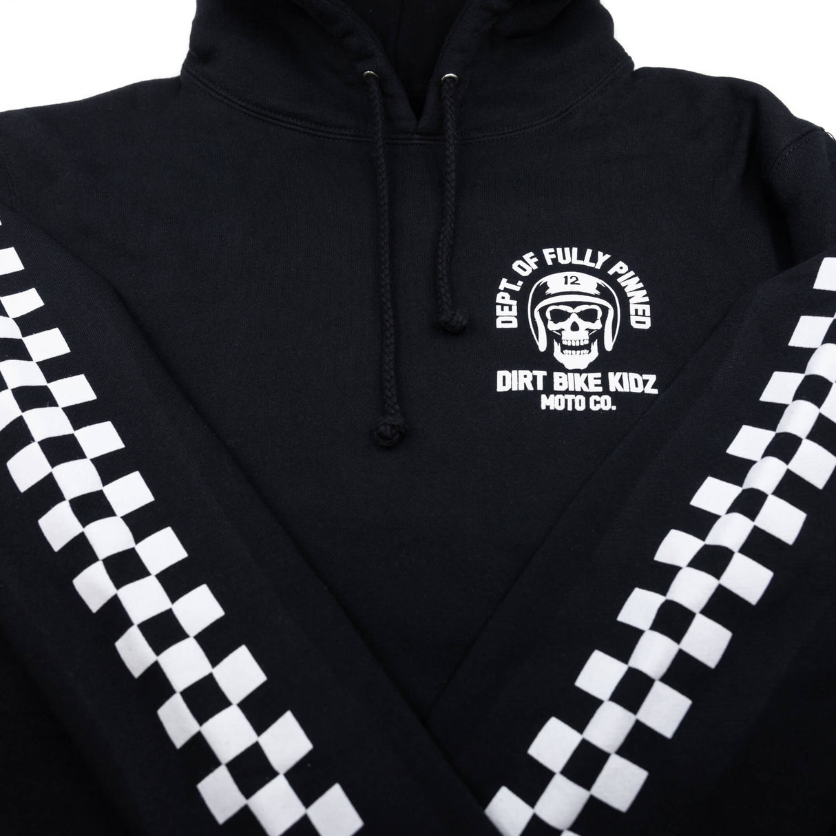 Black hoodie with front logo, drawstring hood, and checkered sleeve stripes.