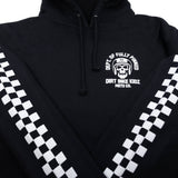 Black hoodie with front logo, drawstring hood, and checkered sleeve stripes.