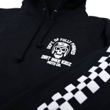Black hoodie with embroidered chest logo and checkerboard sleeve graphic detail.