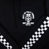 Black hoodie with small chest skull logo and diagonal checkerboard sleeve stripe detail.