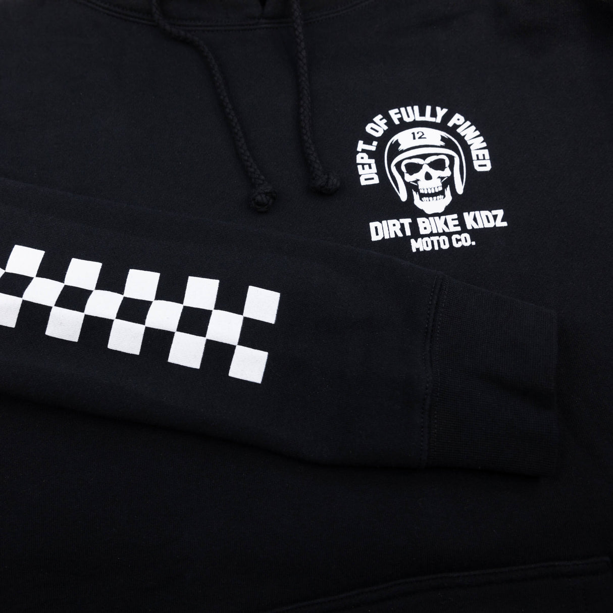 Black hoodie with small chest logo and partial checkered sleeve stripe near pocket.