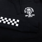 Black hoodie with small chest logo and partial checkered sleeve stripe near pocket.