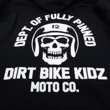 Black hoodie with large back skull logo and bold “DIRT BIKE KIDZ MOTO CO.” text.