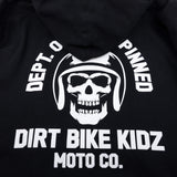 Black hoodie with close-up back skull graphic and “DIRT BIKE KIDZ MOTO CO.” text.