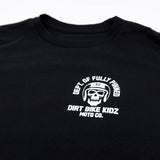 Youth premium black T-shirt featuring centered white skull helmet logo with text