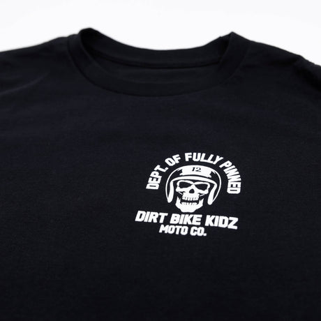 Youth premium black T-shirt featuring centered white skull helmet logo with text
