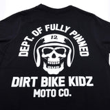 Youth premium black T-shirt back graphic: skull with helmet and arched “DEPT. OF FULLY PINNED”
