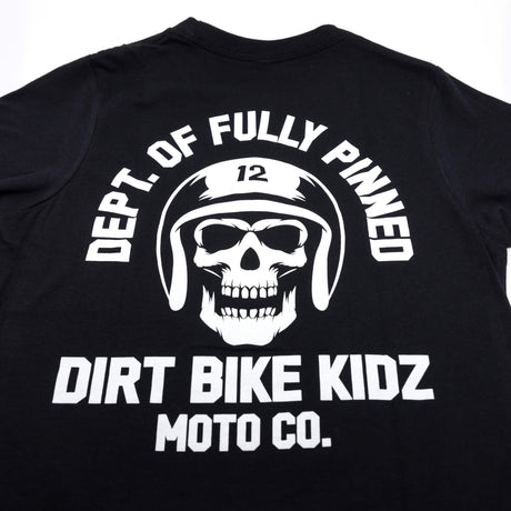 Youth premium black T-shirt back graphic: skull with helmet and arched “DEPT. OF FULLY PINNED”