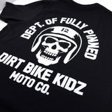 Youth premium black T-shirt back close-up showing skull helmet graphic and “DIRT BIKE KIDZ”
