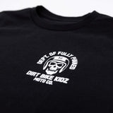 Youth premium black T-shirt left chest logo with “DEPT. OF FULLY PINNED” and skull