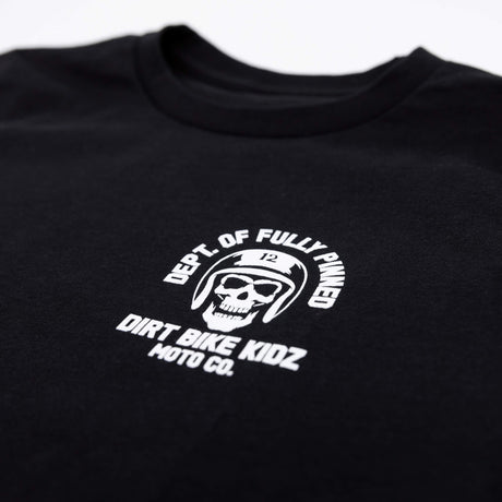 Youth premium black T-shirt left chest logo with “DEPT. OF FULLY PINNED” and skull