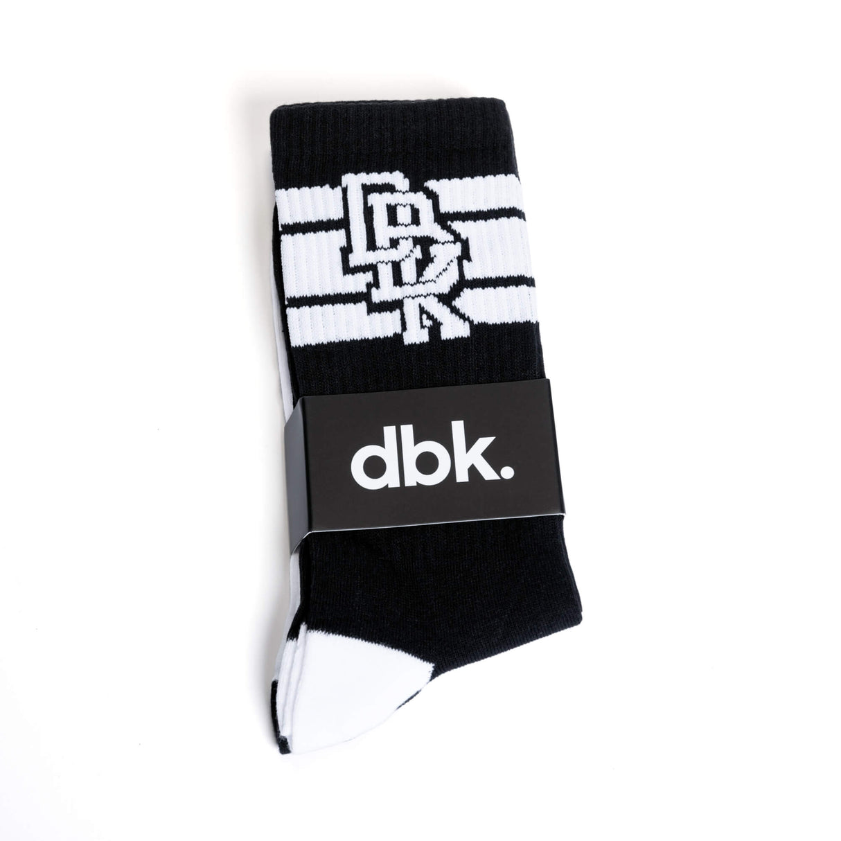 Black crew sock with white horizontal stripes, top graphic, and heel toe contrast.