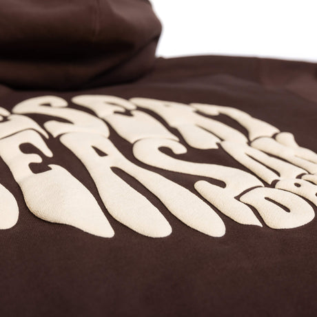 Detail of the white Desert Season lettering graphic on the dark brown hoodie