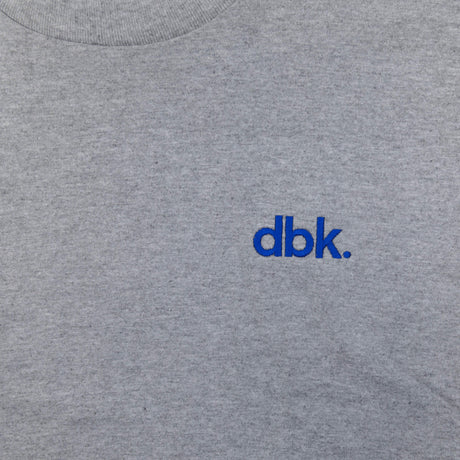 Heather gray crew T-shirt with blue dbk logo on the chest