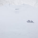 White crew T-shirt with gray dbk logo and crew neck label