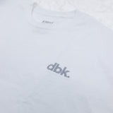 White crew T-shirt with gray dbk logo on the chest
