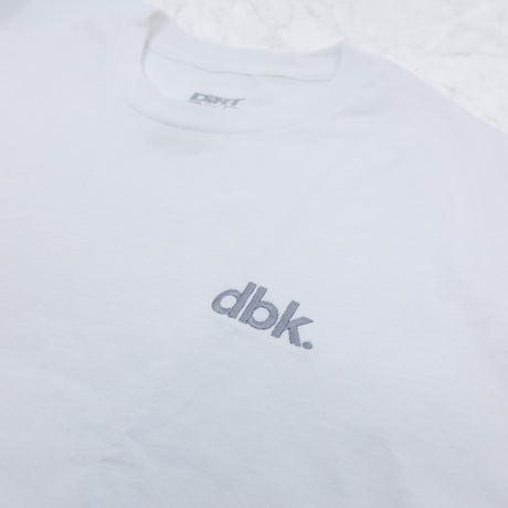 White crew T-shirt with gray dbk logo on the chest