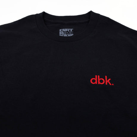 Black crew T-shirt with red dbk logo; crew neck tag visible