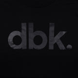 Youth premium tee, black with large dbk. logo print (close-up, lower)