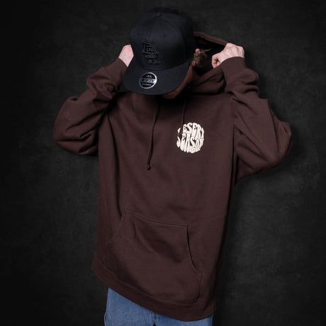 Dark brown hoodie pullover with hood and front pocket; Desert Season chest logo
