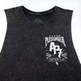 Croc Cowboy AP7 tank top close-up: black sleeveless shirt with Aaron Blessing graphic