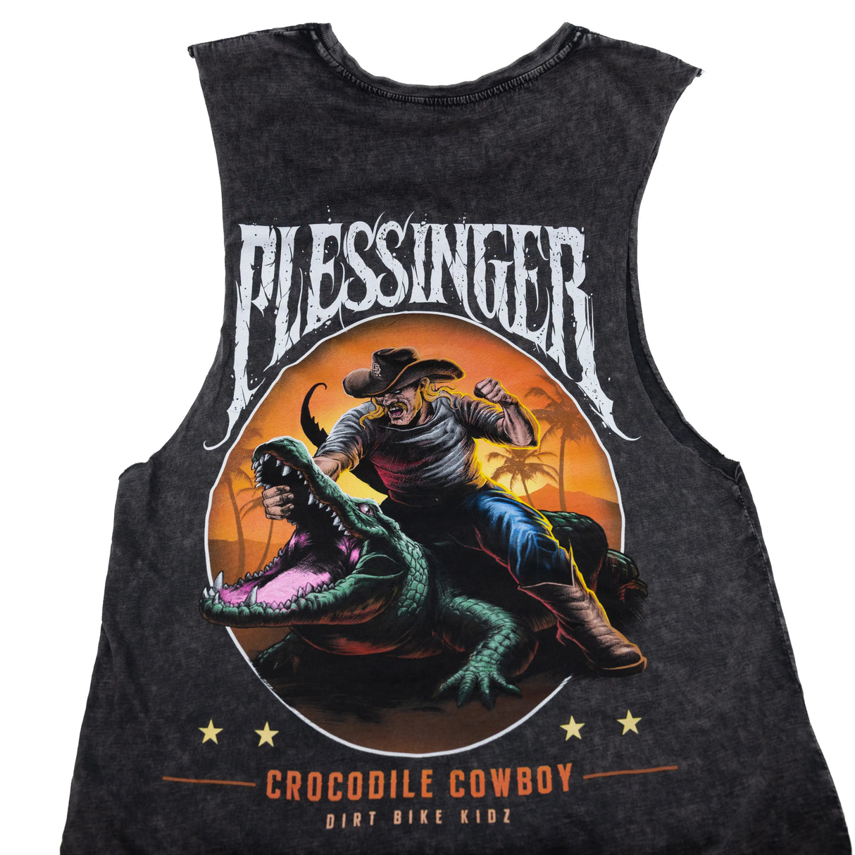 Croc Cowboy tank top front print: cowboy with green crocodile plus stars and text