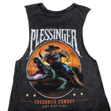 Croc Cowboy tank top front print: cowboy with green crocodile plus stars and text