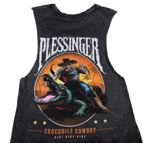 Dark gray tank top with large crocodile cowboy graphic and star accents